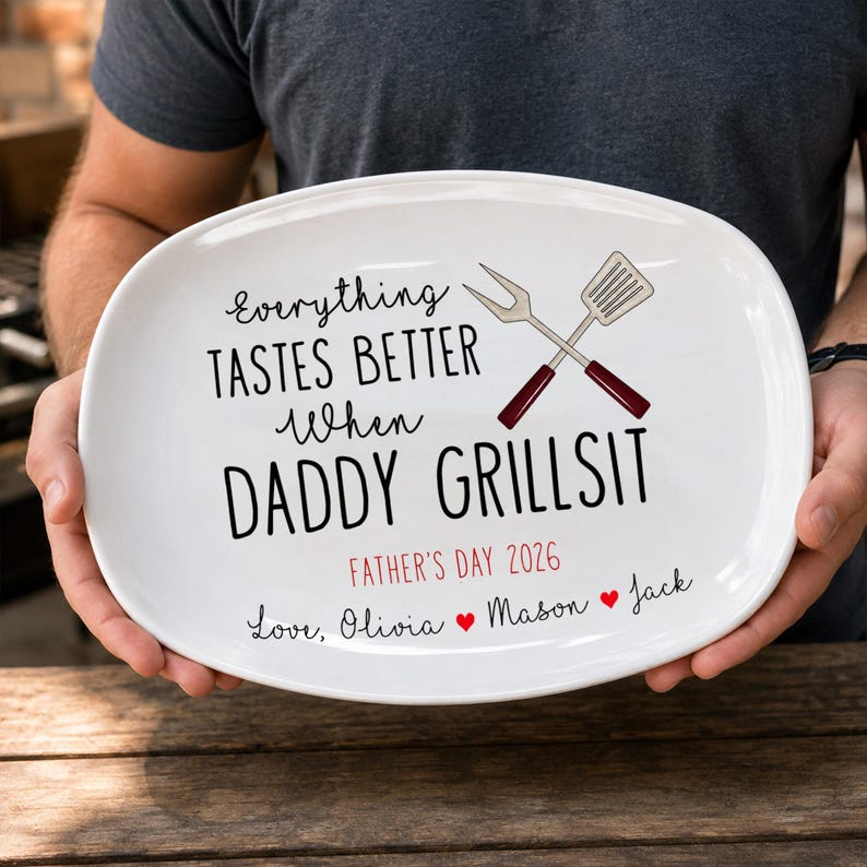 Personalized Best Flippin Dad Ever Grilling Plate, Father’s Day Gifts Grilling Platter with kids names, Patriotic Father's Day Gift for Dad