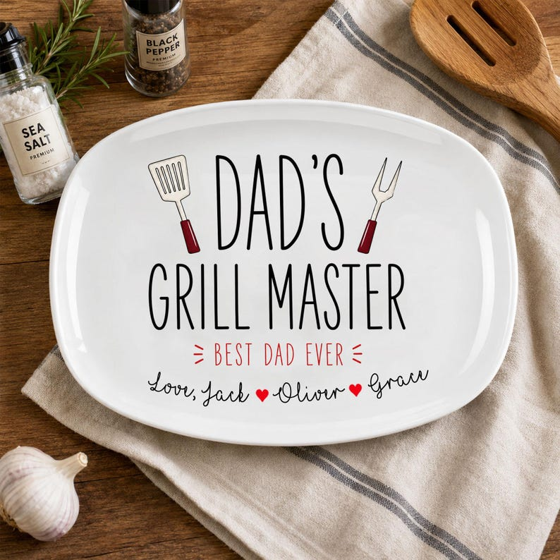 Personalized Best Flippin Dad Ever Grilling Plate, Father’s Day Gifts Grilling Platter with kids names, Patriotic Father's Day Gift for Dad