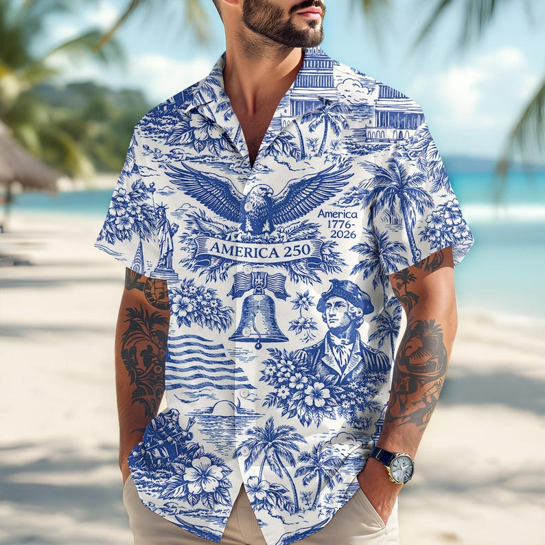 250 Years Vintage Patriotic Hawaiian Shirt, 4th of July Summer Aloha Shirt