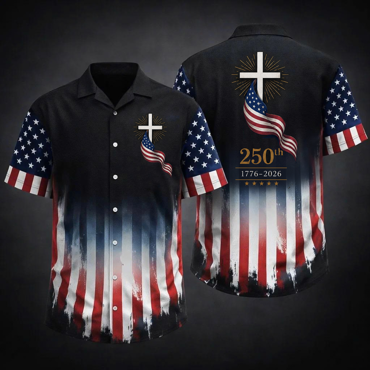 America 250th Anniversary Hawaiian  Shirt, Patriotic Flag Cross Hawaiian Shirt