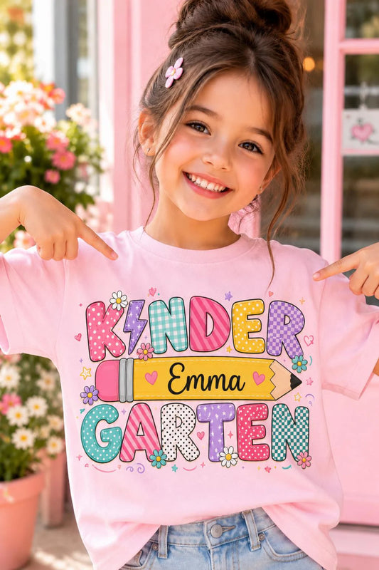 Personalized Kindergarten Shirt – Custom Name Colorful Pencil Back to School T-Shirt for Kids