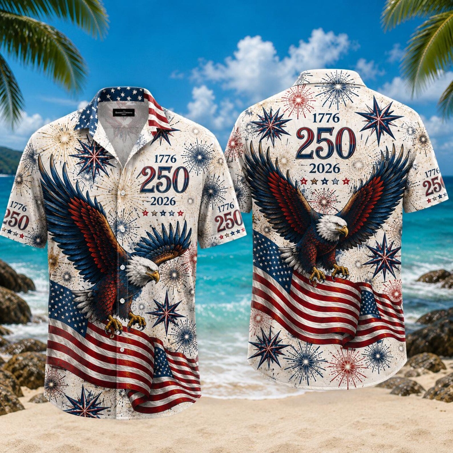 American Eagle Hawaiian Shirt, Patriotic 4th of July Button Gift For Men