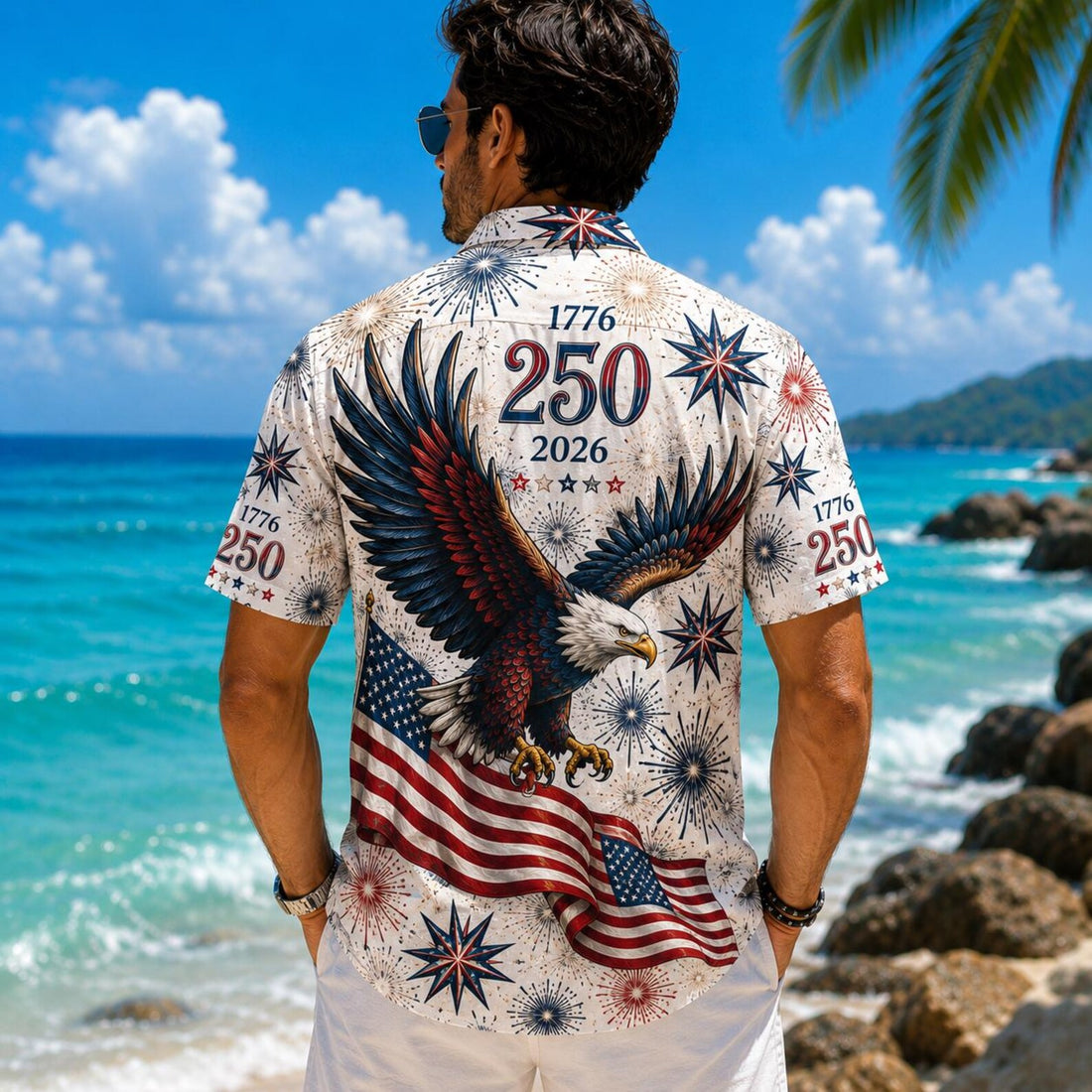 American Eagle Hawaiian Shirt, Patriotic 4th of July Button Gift For Men