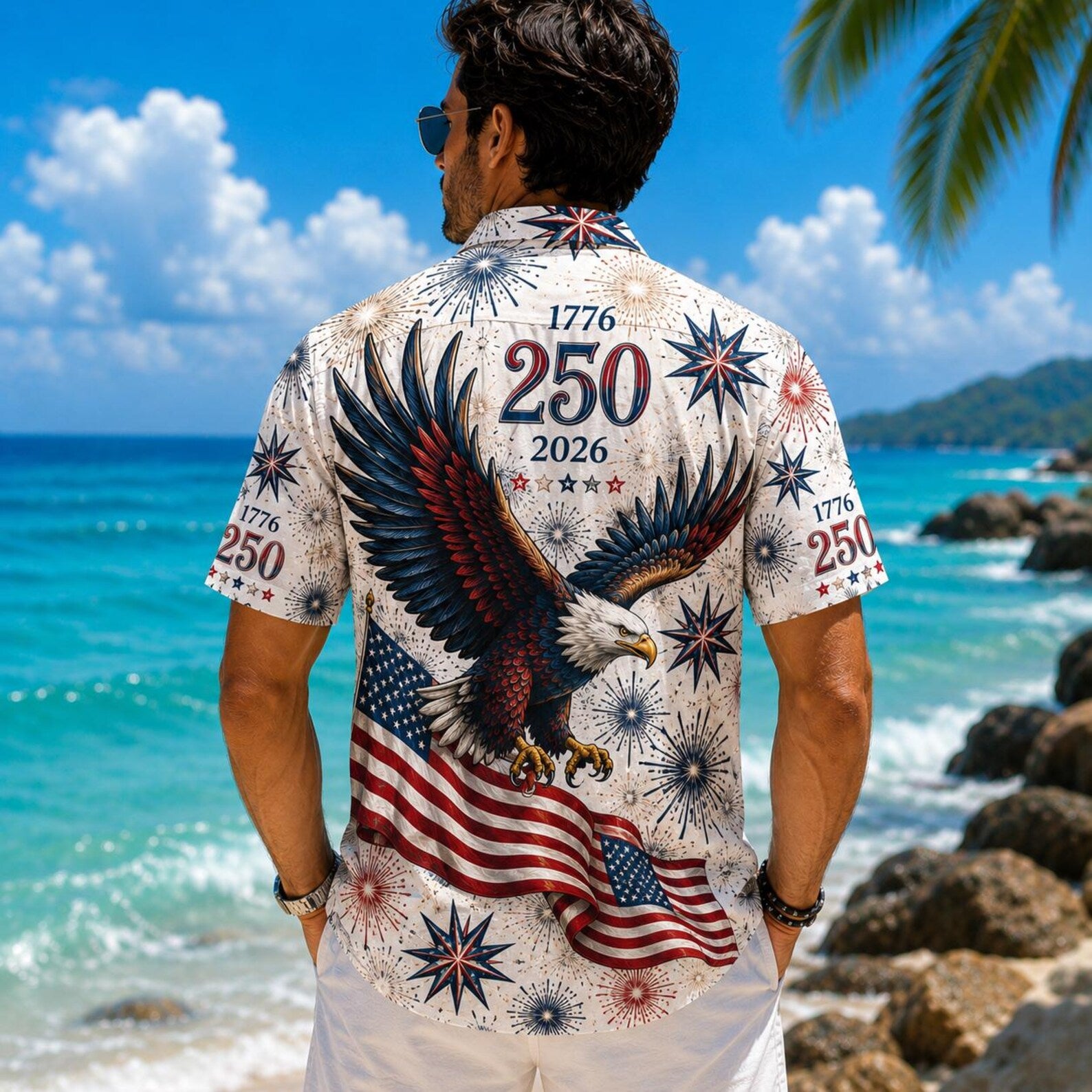 American Eagle Hawaiian Shirt, Patriotic 4th of July Button Gift For Men