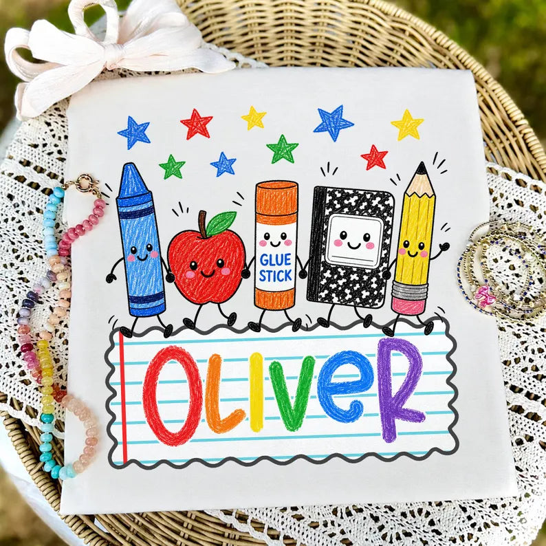 Personalized Oliver Back To School Shirt – Cute School Supplies Kawaii Teacher & Kids First Day Tee