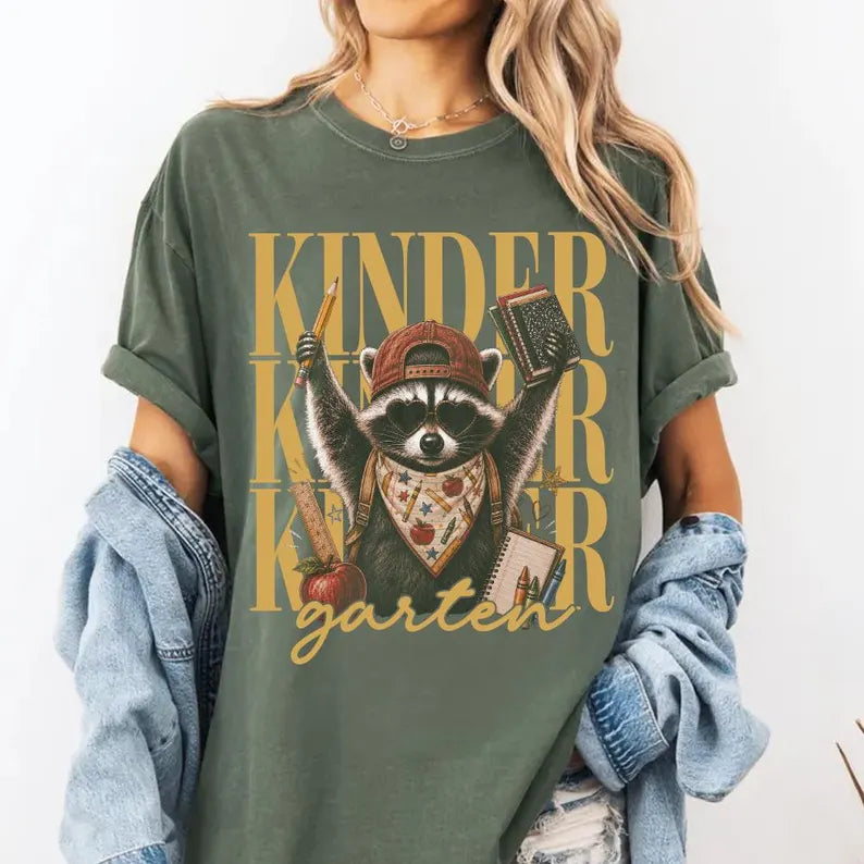 Kindergarten Teacher Shirt, Cute Raccoon Back to School T-Shirt, First Day of School Teacher Tee, Personalized Teacher Gift