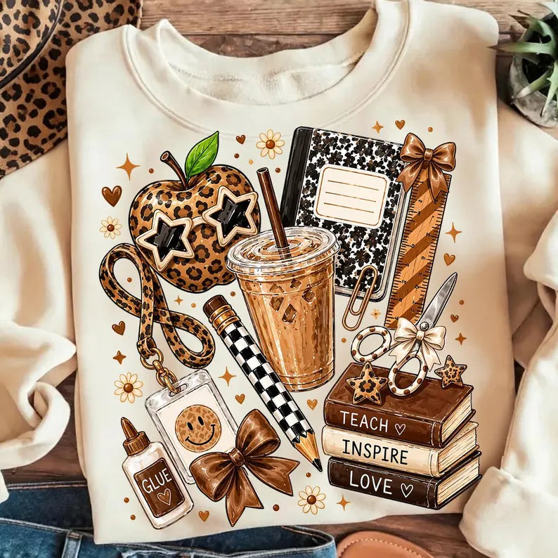 Leopard Teacher Back to School Graphic Shirt – Teach Inspire Love Crewneck