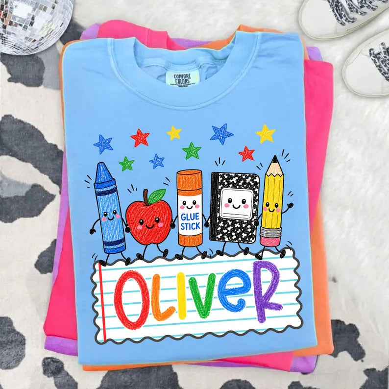 Personalized Oliver Back To School Shirt – Cute School Supplies Kawaii Teacher & Kids First Day Tee
