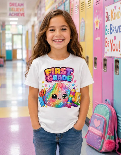 First Grade Shirt for Girls, Cute Kawaii Back to School T-Shirt, First Day of School Outfit, Rainbow School Supplies Tee, Kids Graphic Shirt