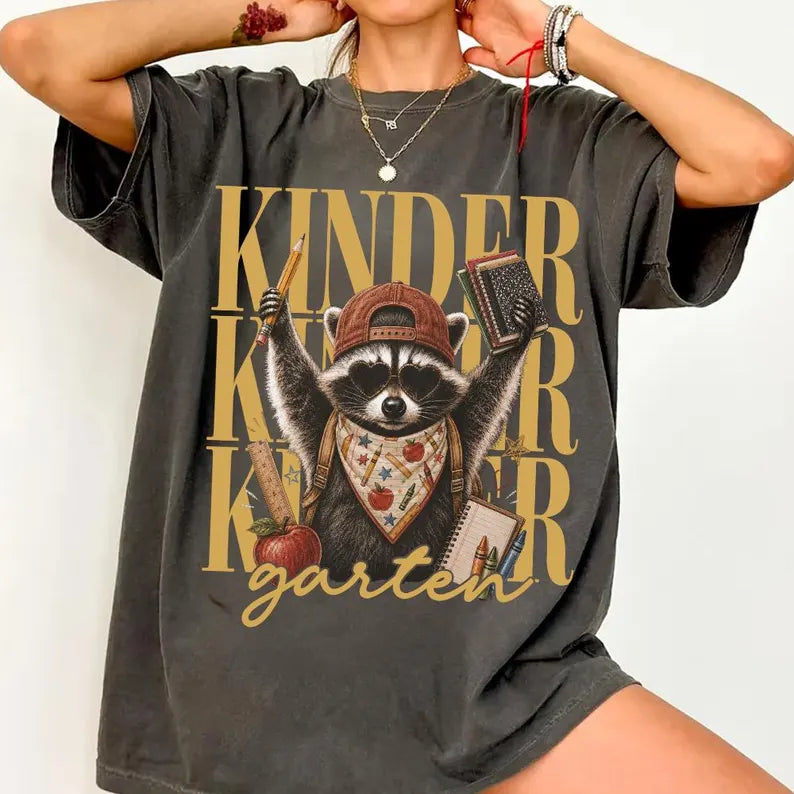 Kindergarten Teacher Shirt, Cute Raccoon Back to School T-Shirt, First Day of School Teacher Tee, Personalized Teacher Gift