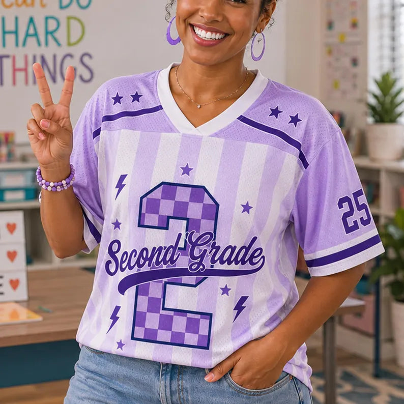 Second Grade Teacher Jersey Shirt – Retro Purple Back to School Football Style Teacher Gift