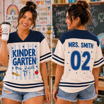 Personalized Kindergarten Teacher Jersey Shirt – Custom Teacher Name & Number, Back to School Football Style Teacher Gift