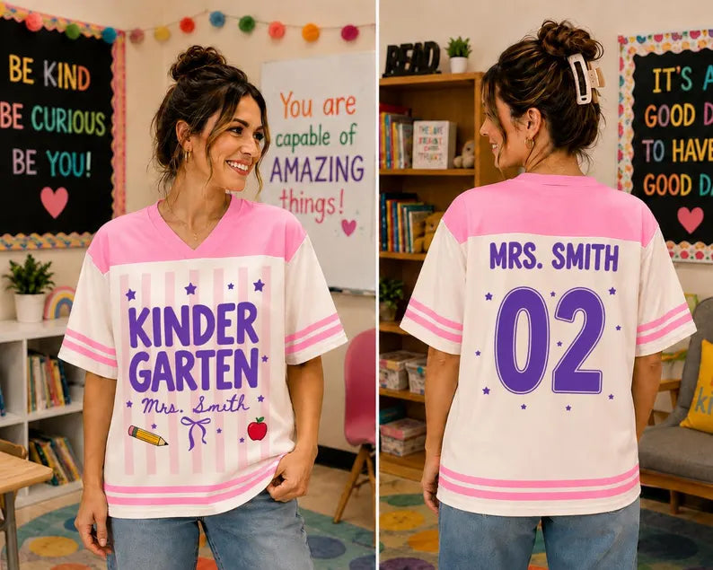 Personalized Kindergarten Teacher Jersey Shirt – Custom Teacher Name & Number, Back to School Football Style Teacher Gift