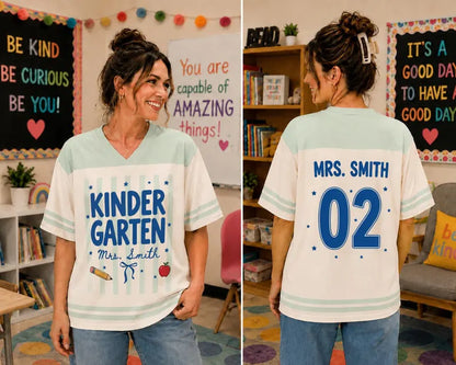 Personalized Kindergarten Teacher Jersey Shirt – Custom Teacher Name & Number, Back to School Football Style Teacher Gift