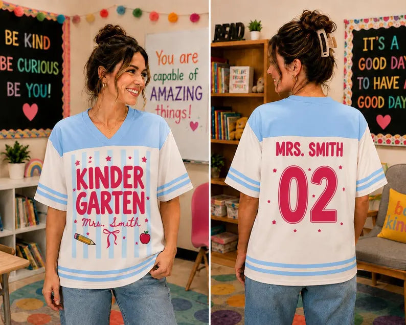 Personalized Kindergarten Teacher Jersey Shirt – Custom Teacher Name & Number, Back to School Football Style Teacher Gift