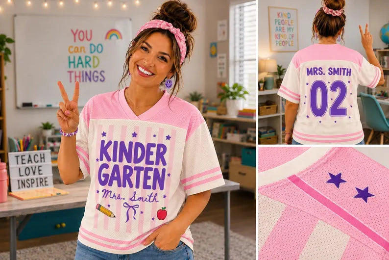 Personalized Kindergarten Teacher Jersey Shirt – Custom Teacher Name & Number, Back to School Football Style Teacher Gift