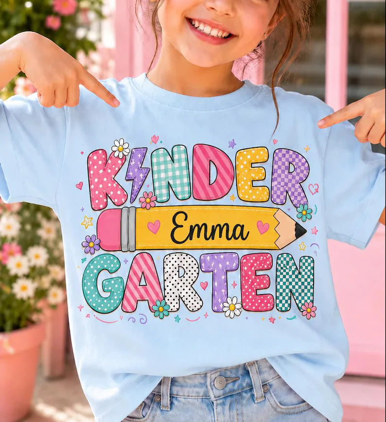 Personalized Kindergarten Shirt – Custom Name Colorful Pencil Back to School T-Shirt for Kids