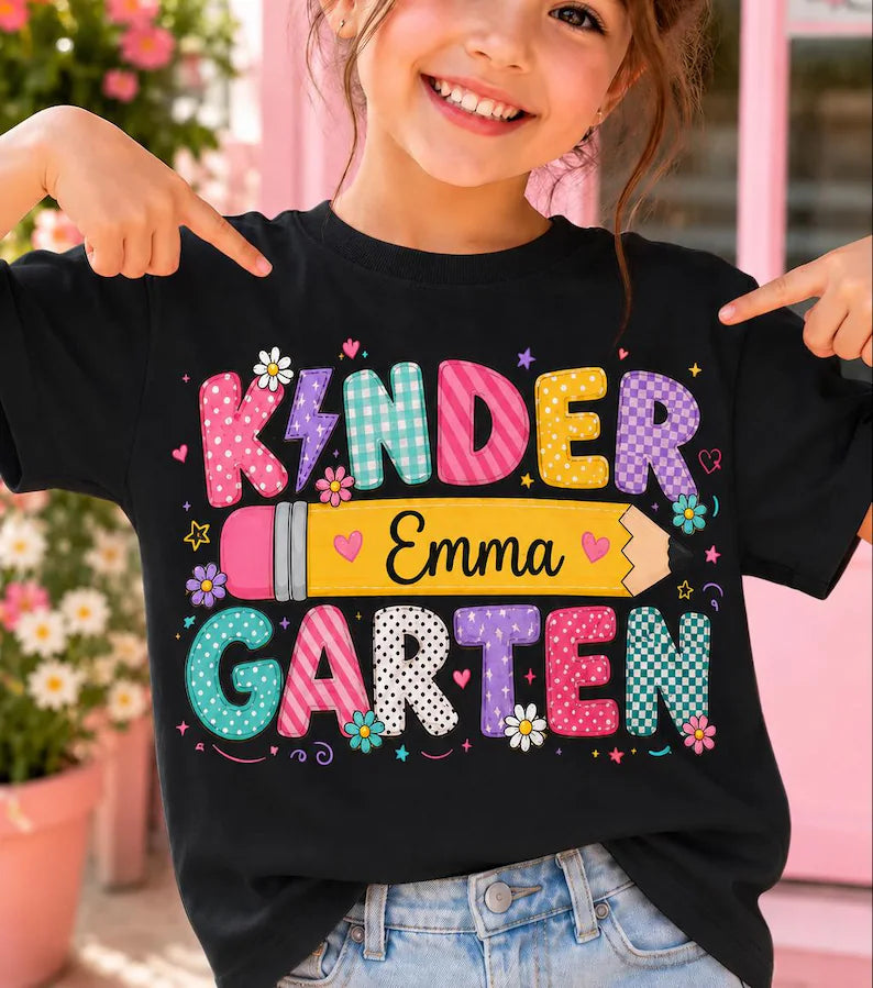 Personalized Kindergarten Shirt – Custom Name Colorful Pencil Back to School T-Shirt for Kids