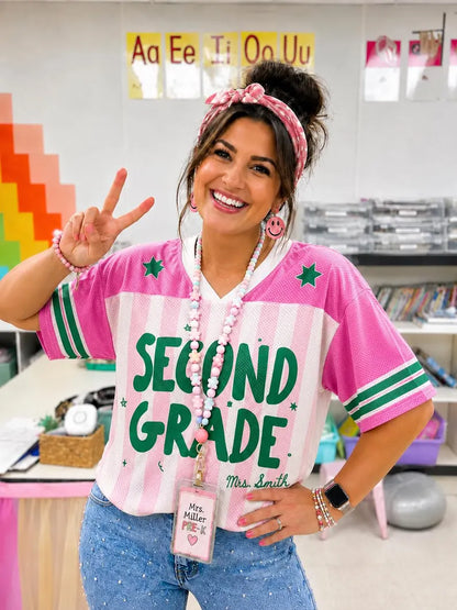 Second Grade Teacher Pink Jersey Shirt – Back to School Teacher Game Day Tee