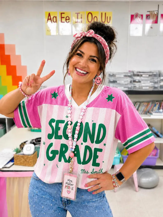 Second Grade Teacher Pink Jersey Shirt – Back to School Teacher Game Day Tee