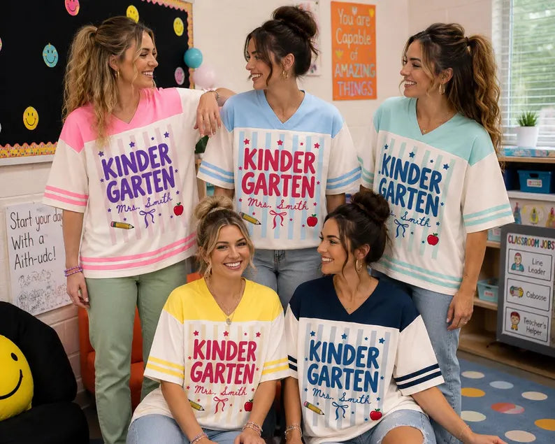Personalized Kindergarten Teacher Jersey Shirt – Custom Teacher Name & Number, Back to School Football Style Teacher Gift
