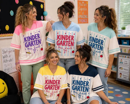 Personalized Kindergarten Teacher Jersey Shirt – Custom Teacher Name & Number, Back to School Football Style Teacher Gift