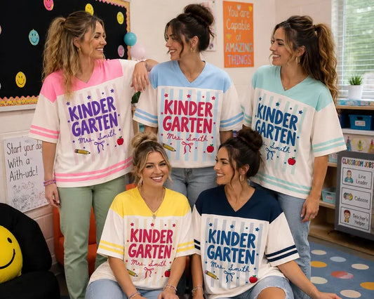 Personalized Kindergarten Teacher Jersey Shirt – Custom Teacher Name & Number, Back to School Football Style Teacher Gift