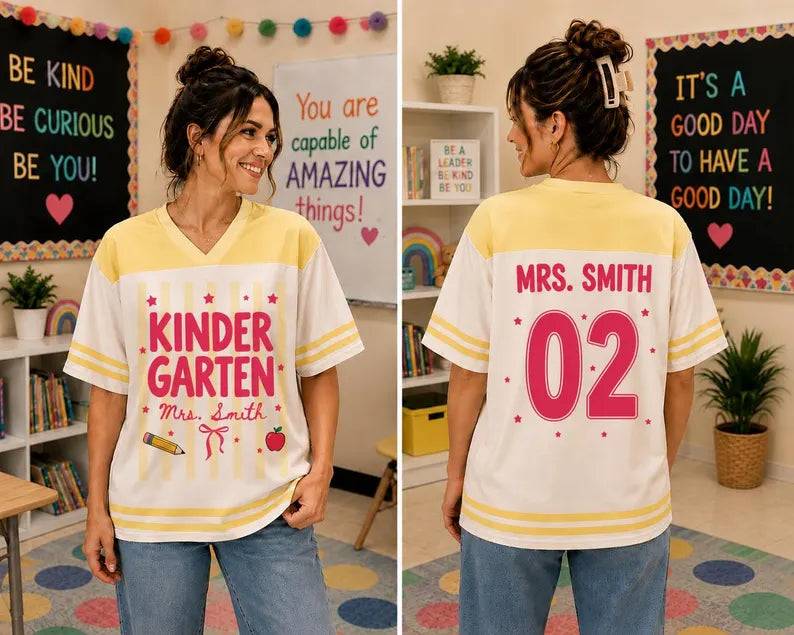 Personalized Kindergarten Teacher Jersey Shirt – Custom Teacher Name & Number, Back to School Football Style Teacher Gift
