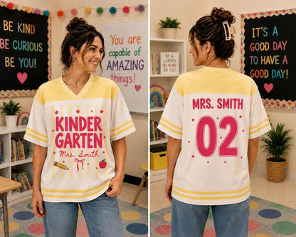 Personalized Kindergarten Teacher Jersey Shirt – Custom Teacher Name & Number, Back to School Football Style Teacher Gift