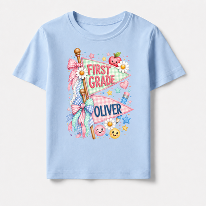 Cute Pennant Flag Student T-Shirt, Personalized Name and Grade Kids Tee, First Day of School Shirt