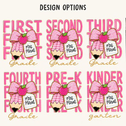 Pink Gingham Pencil Bow, Custom Teacher Team, Back To School, Pre-K To Fourth Grade Team