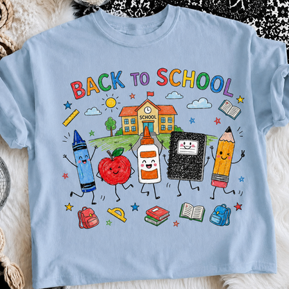 Cute Back to School Shirt, Kawaii School Supplies Graphic Tee, First Day of School Shirt for Teachers & Students