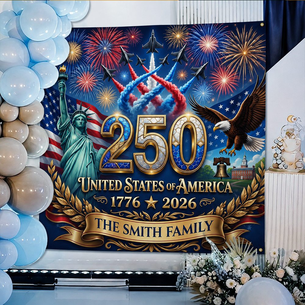 Personalized America 250th Anniversary Backdrop – Custom Family Name Patriotic Independence Day