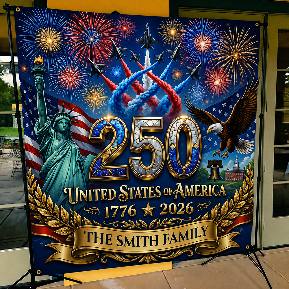 Personalized America 250th Anniversary Backdrop – Custom Family Name Patriotic Independence Day