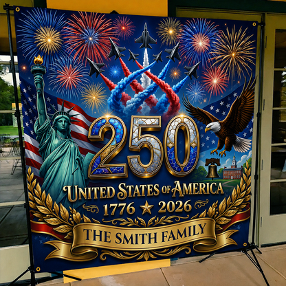Personalized America 250th Anniversary Backdrop – Custom Family Name Patriotic Independence Day