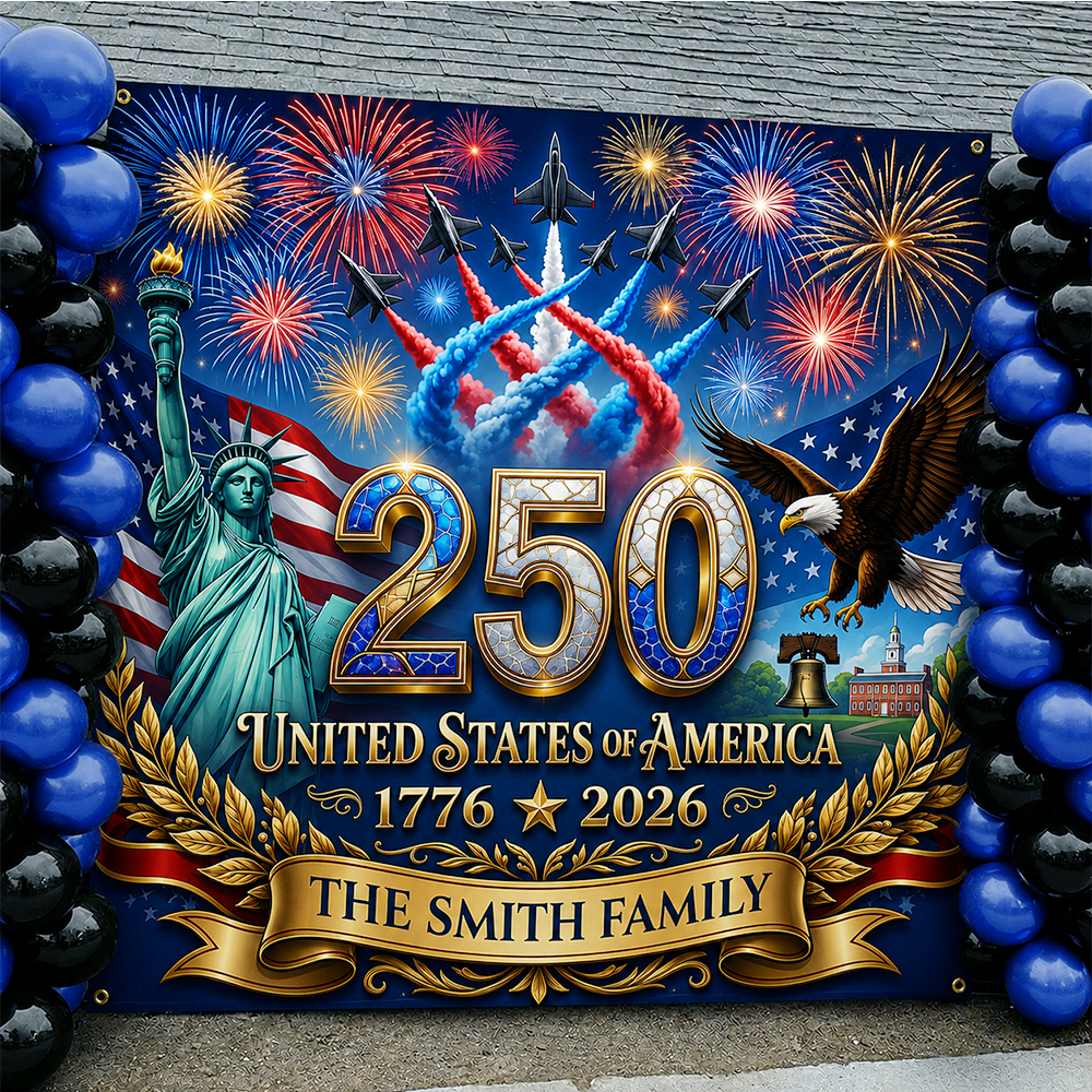 Personalized America 250th Anniversary Backdrop – Custom Family Name Patriotic Independence Day