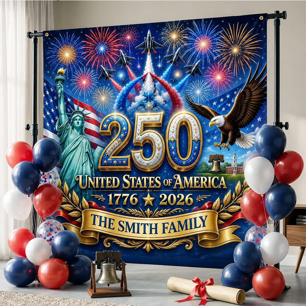 Personalized America 250th Anniversary Backdrop – Custom Family Name Patriotic Independence Day