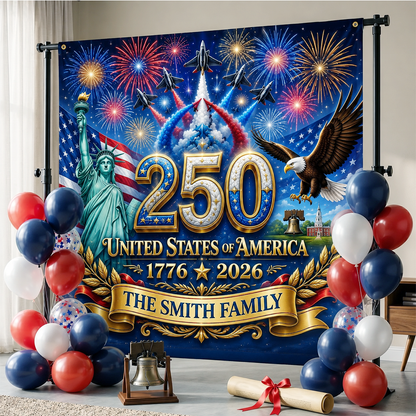 Personalized America 250th Anniversary Backdrop – Custom Family Name Patriotic Independence Day