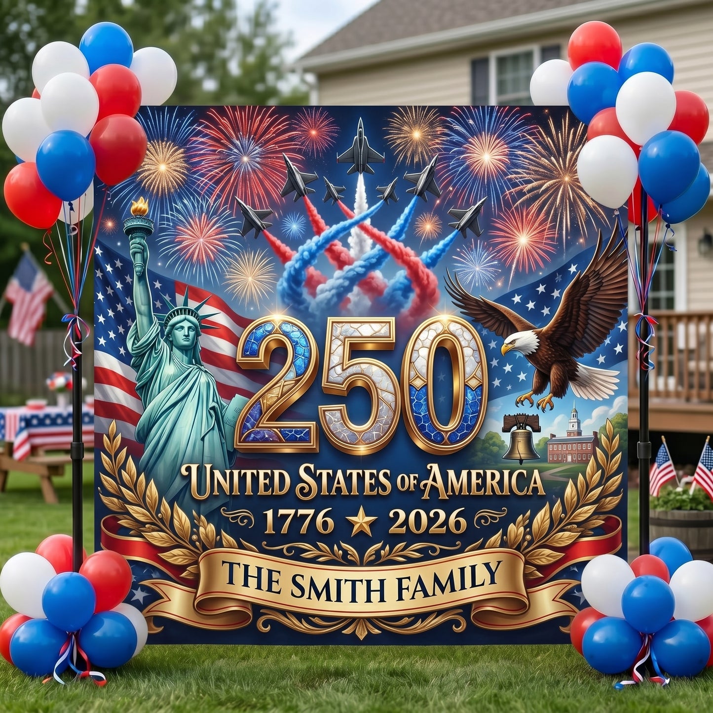 Personalized America 250th Anniversary Backdrop – Custom Family Name Patriotic Independence Day