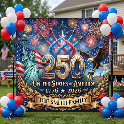Personalized America 250th Anniversary Backdrop – Custom Family Name Patriotic Independence Day