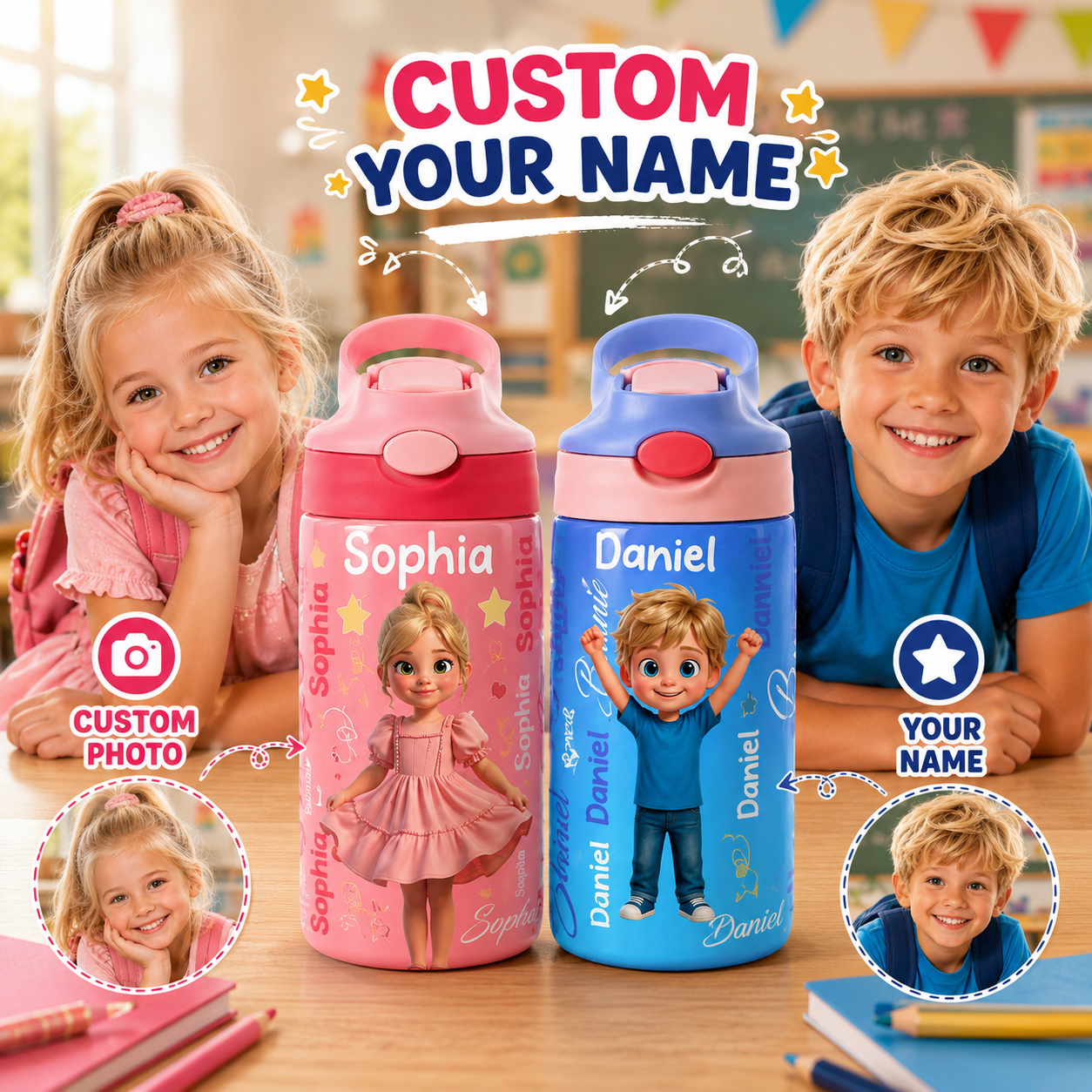 Custom Cartoon Water Bottle for School Kids