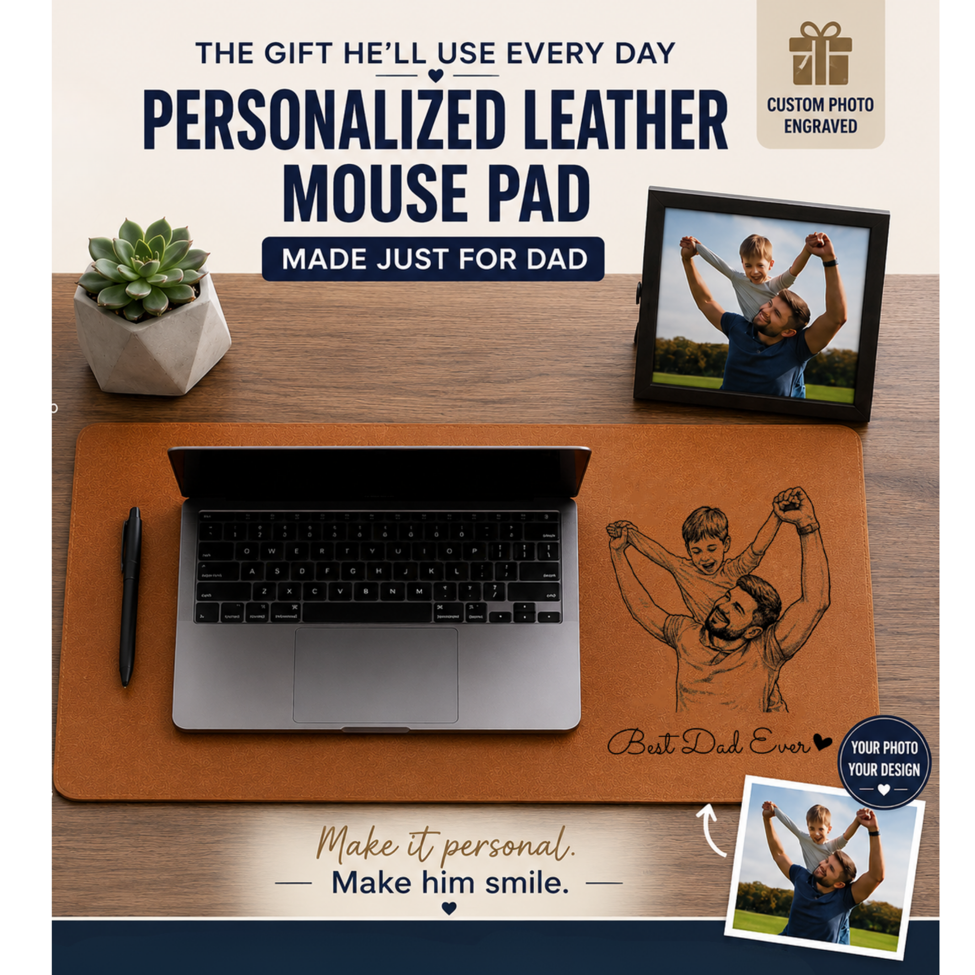 Personalized Desk Mat, Father's Day Gifts, We Love You Custom Photo Sketch Line Art Father's Day Gift For Husband, Dad